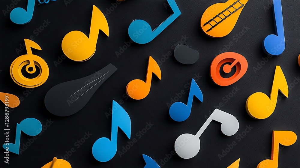Obraz premium Vibrant 3D Render of Musical Notes and Symbols on Dark Background AI Generated