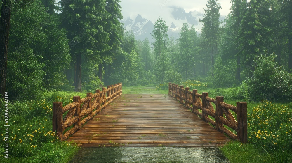 Misty forest bridge, rain, mountain view, nature tranquility, travel poster Misty forest bridge, rain, mountain view, nature tranquility, travel poster