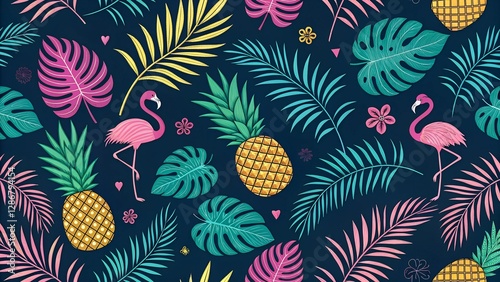Tropical pattern with flamingos and pineapples on dark background