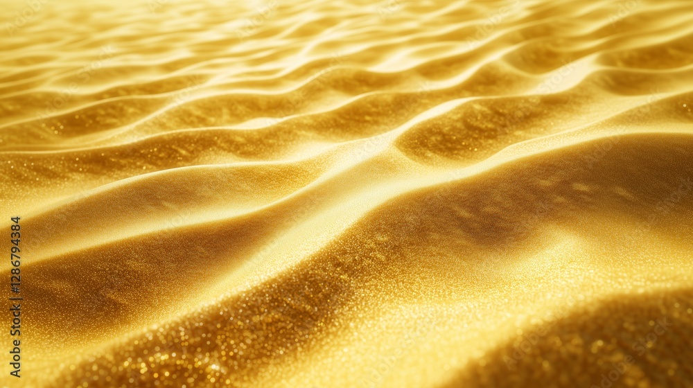 Close-up of golden sand dunes with intricate patterns and realistic textures, smooth undisturbed curves and shimmering metallic highlights, stretching horizontally across the frame, desert background Close-up of golden sand dunes with intricate patterns and realistic textures, smooth undisturbed curves and shimmering metallic highlights, stretching horizontally across the frame, desert background