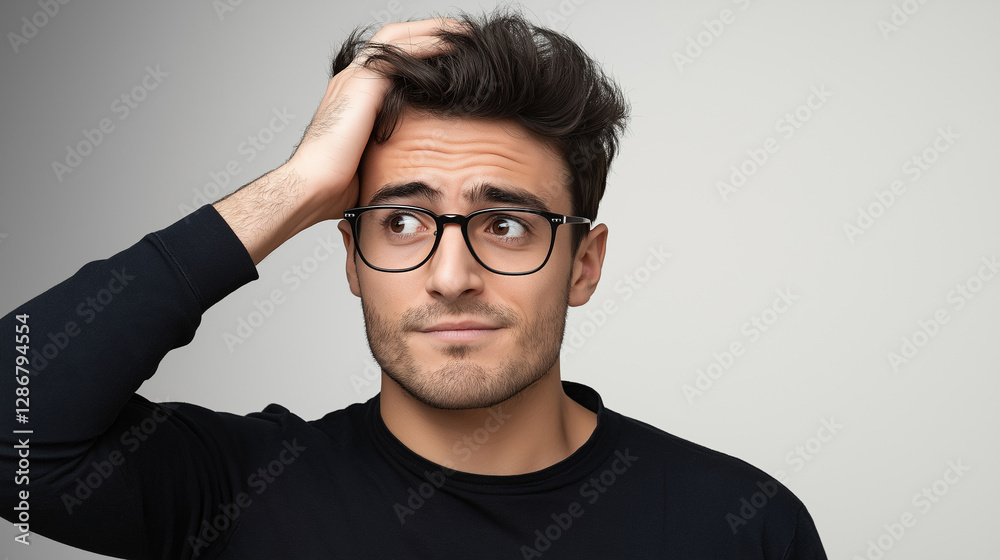 Puzzled young man scratching his head and looking away Puzzled young man scratching his head and looking away