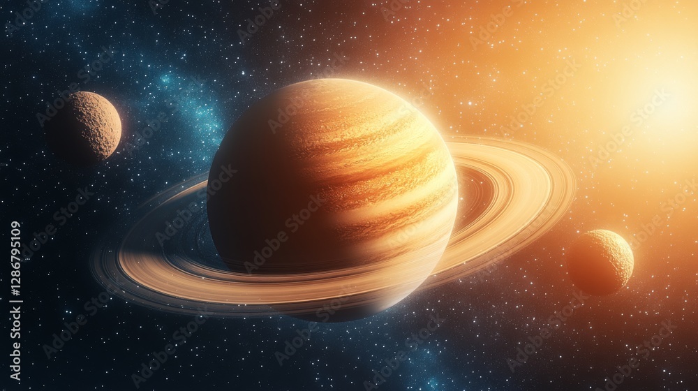 Naklejka premium A stunning view of Saturn in space, showcasing its iconic rings and some smaller celestial bodies floating nearby in a vibrant cosmic environment full of stars.