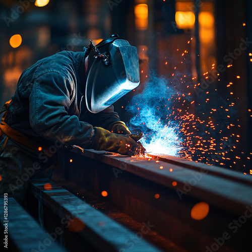  Welder at Work - Metal Fabrication with Sparks and Bright Light - Industrial Manufacturing Process - Protective Gear
