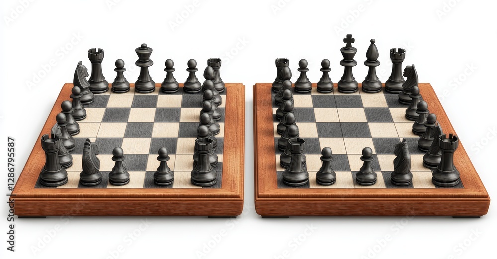 Two empty chess boards serve as a concept for modern graphic illustration, highlighting art design that features checkered, checkerboard, or chessboard visuals Two empty chess boards serve as a concept for modern graphic illustration, highlighting art design that features checkered, checkerboard, or chessboard visuals