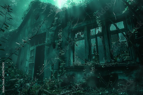 Venture into a mysterious overgrown abandoned building, encapsulating the haunting beauty of nature reclaiming human structures, evoking feelings of nostalgia and curiosity.