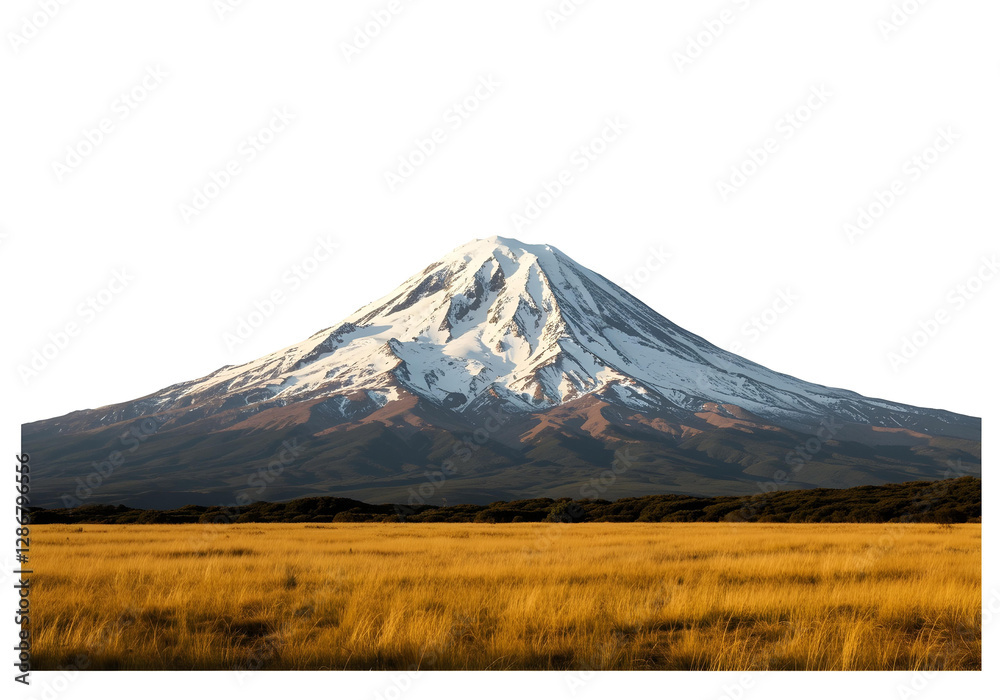 Majestic snow-capped mountain surrounded by golden grass fields., on a white background. Majestic snow-capped mountain surrounded by golden grass fields., on a white background.