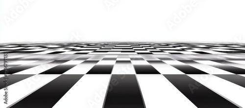 In this modern illustration, an empty chess board is presented in conjunction with a floor that features a checkerboard texture in perspective