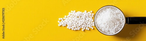 Granulated sugar spilled from black measuring cup on yellow surface.