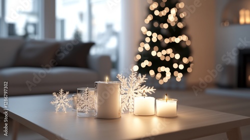A cozy setting featuring lit candles and decorative snowflakes, creating a warm ambiance for winter celebrations and gatherings during the holiday season.