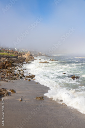 Mist over rocky beach