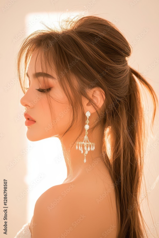 Profile of a woman with long hair and earrings in soft light.