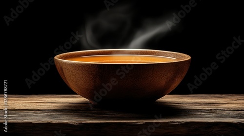 Wooden bowl of steaming soup on rustic table photo