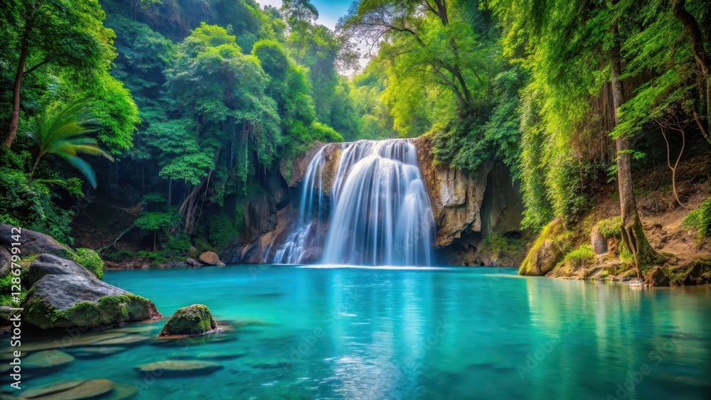 Fototapeta premium waterfall in serene tropical environment, flowing into turquoise pool, forest, greenery, forest,greenery,stream,relaxation,blue