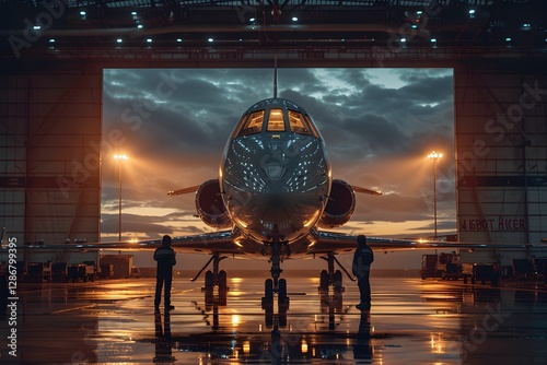 Aircraft technicians prepare a private jet in a brightly lit hangar as the sun sets, casting an orange hue through the large entrance. Reflections create a dramatic atmosphere photo