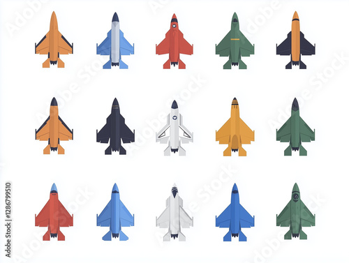 Icônes d'avions de chasses en flat design sur fond blanc