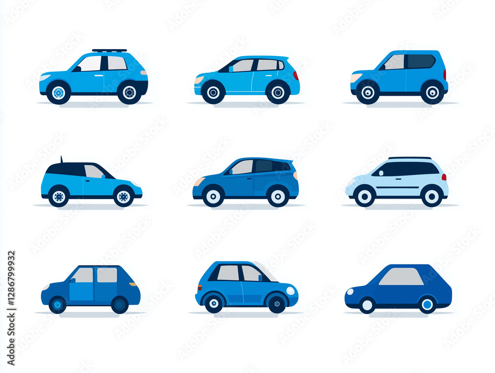 Icônes de voitures bleues en flat design sur fond blanc Icônes de voitures bleues en flat design sur fond blanc