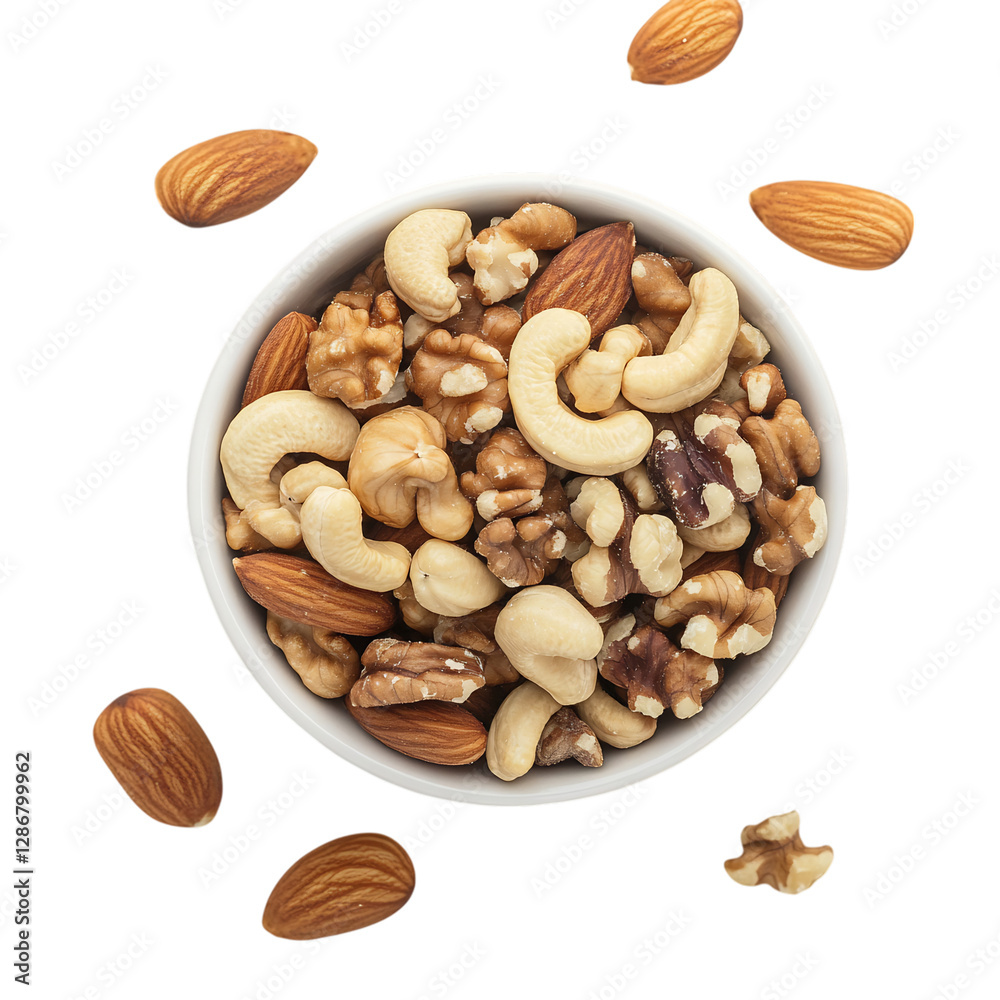 A Marble Countertop with a Bowl of Mixed Nuts Isolated on Transparent Background A Marble Countertop with a Bowl of Mixed Nuts Isolated on Transparent Background