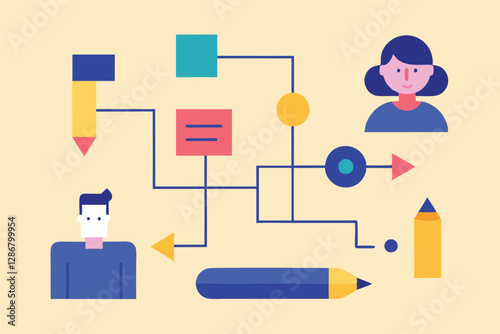 Flat design illustration, flowchart concept, colorful geometric shapes, pencil icon, speech bubble, profile avatars, connecting lines, arrow symbols, blue and pink color scheme, yellow circle, 