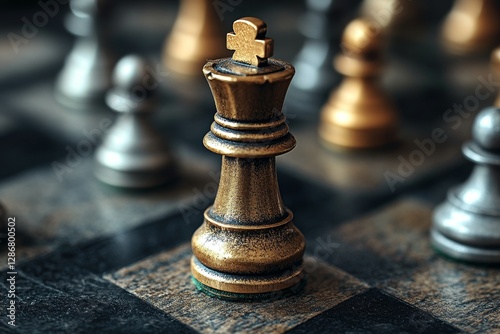 A team player or business team concept is conveyed through a king chess piece standing with a falling chess piece on its back, which also represents leadership strategy and human resources