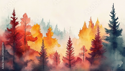 Autumn Forest Watercolor, Misty Pines, Fall Colors, Landscape Painting, Autumnal Scenery Watercolor, Painting
