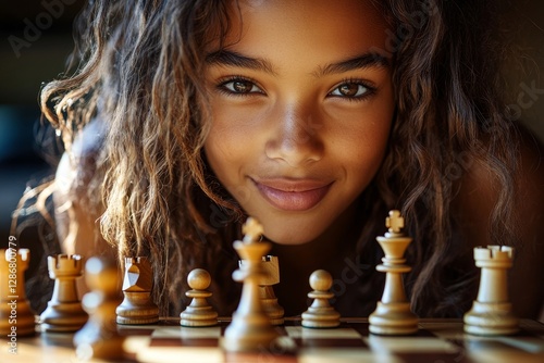 In a close-up shot, a clever African American child is intently focused on a game of chess, radiating excitement and joy in a school environment