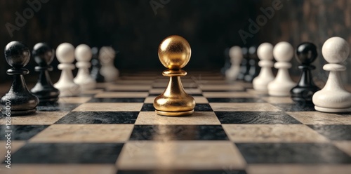 The golden pawn's move in a chess game breaks away from conventional lines, representing an alternative mindset and a driver of change, distinguished by its disruptive nature and original concept, as