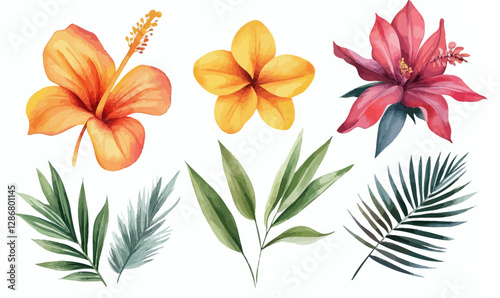 Vibrant Watercolor Tropical Flowers and Leaves Vector Illustration Set