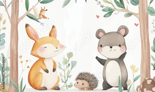 Charming Woodland Nursery Animals in Watercolor: Bunny, Bear, Fox, Bird, Hedgehog Vector Art