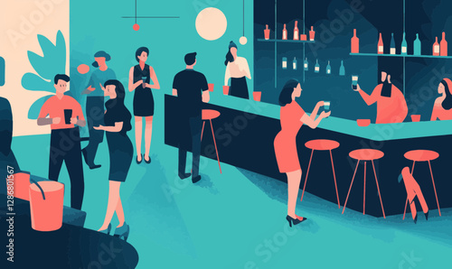 Flat Vector Illustration of Company Networking Event with Employees and Customers Mingling