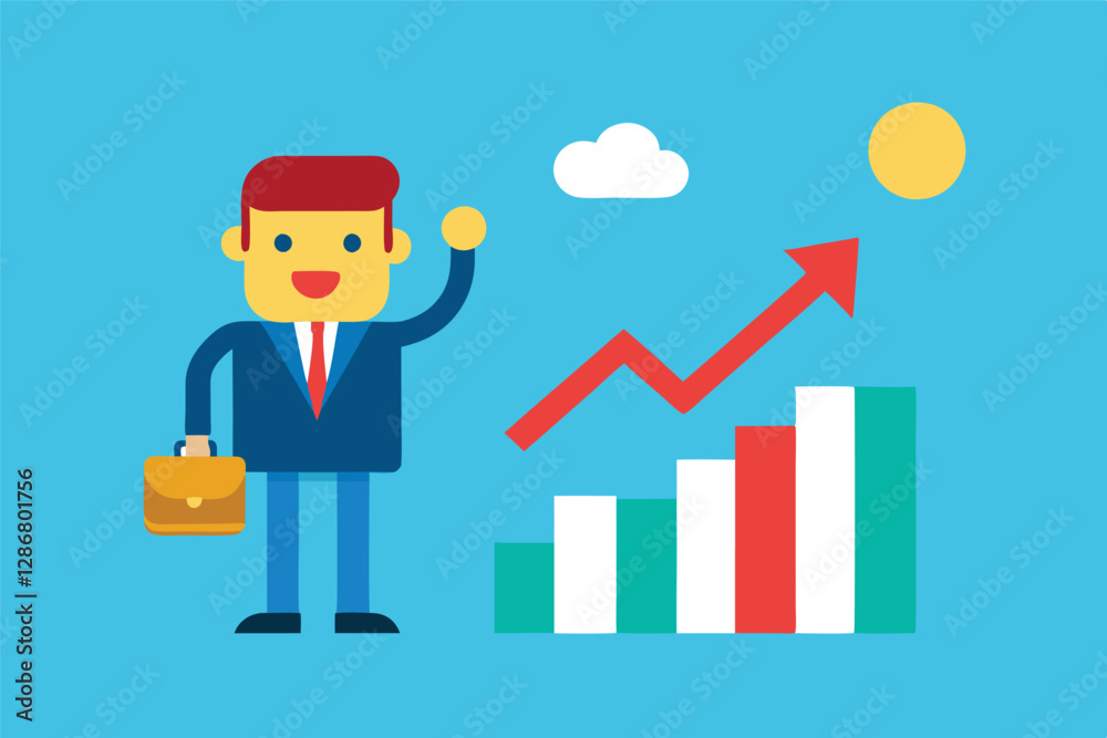 Obraz premium Business character, pixelated style, flat design, blue background, businessman with briefcase, red arrow graph, bar chart, growth concept, success visualization, bright colors, simple shapes, 8-bit in