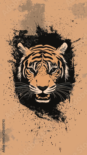 Fierce Tiger Head on Grunge Texture Background Vector Art for T-Shirt Design