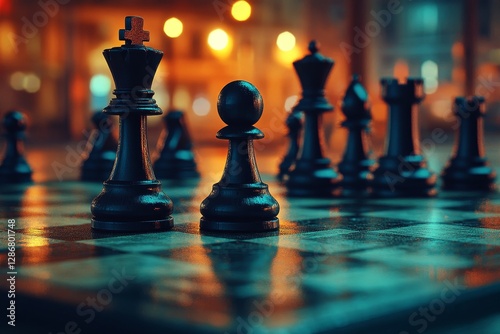 Closeup of a game board with chess pieces set against a dark background