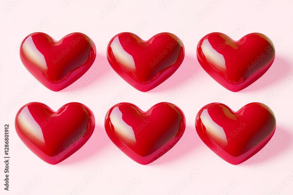 Six Shiny Red Hearts on Pink Background, Love, Romance, Valentine's Day ,heart,love Six Shiny Red Hearts on Pink Background, Love, Romance, Valentine's Day ,heart,love