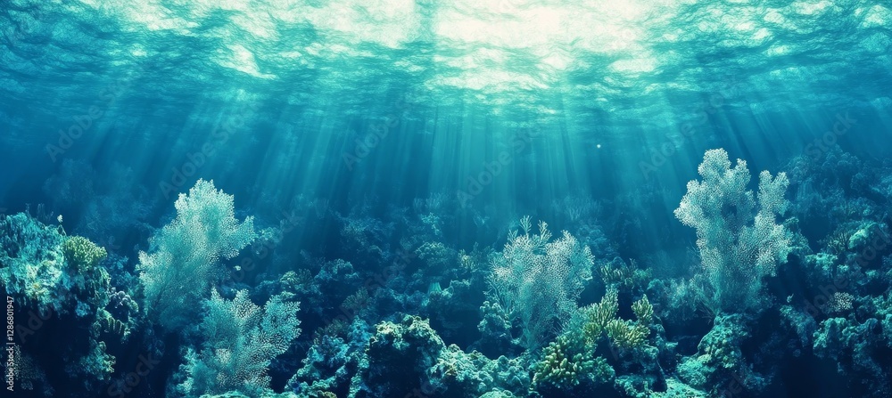 Obraz premium Sunbeams Illuminate Vibrant Coral Reef, Underwater Scene, Ocean Life Ocean Photography, Underwater World