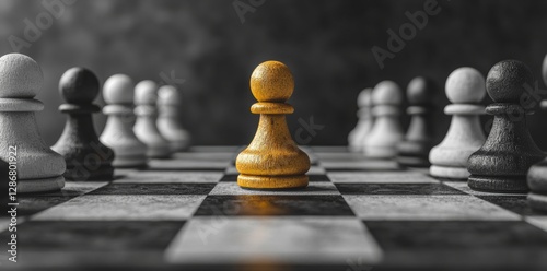 In a 3D render, the golden pawn is seen making an unorthodox chess move that strays from the usual path, exemplifying a fresh perspective and a force for change, defined by its disruptive and novel