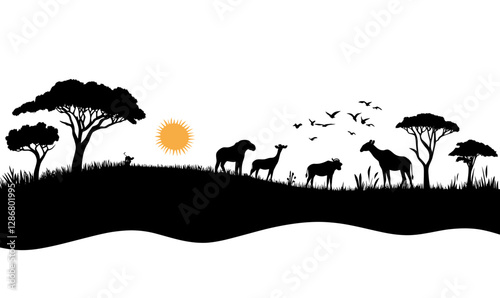 African Safari Savanna Vector Silhouette with Animals, Trees, and Sun Minimalist Art