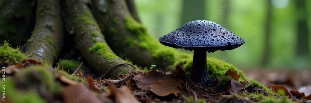 Fototapeta premium Black mushroom cap surrounded by decaying tree roots, black fungi, undergrowth