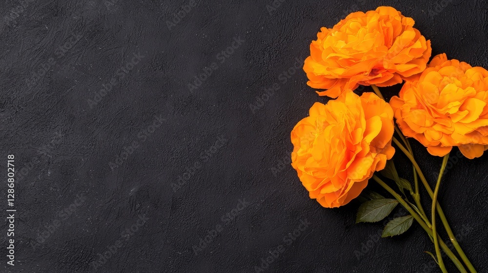 Orange roses on dark background, space for text