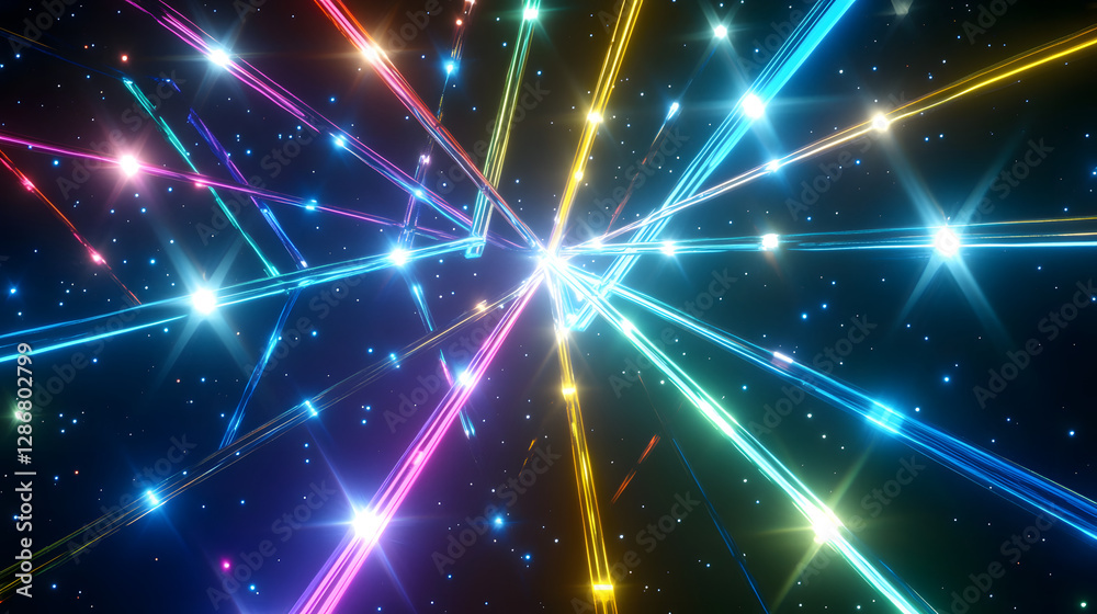Colorful explosion of light and stars with abstract forms and vibrant patterns in a cosmic artistic portrayal Colorful explosion of light and stars with abstract forms and vibrant patterns in a cosmic artistic portrayal