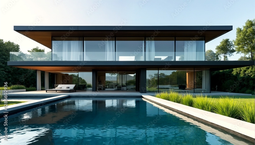 Obraz premium A modern house with a pool and a minimalist aesthetic.