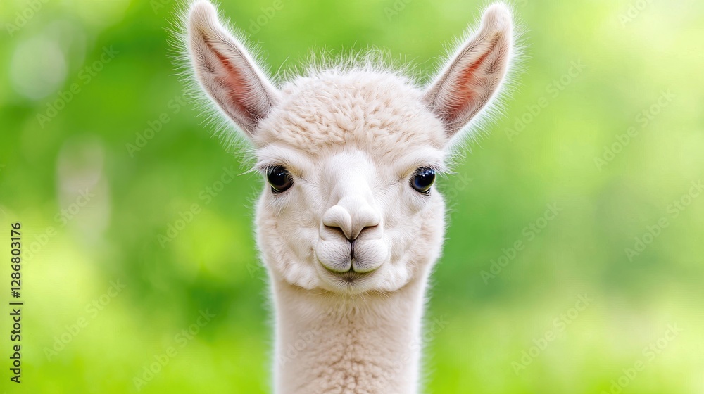 Fototapeta premium Cute Baby Alpaca Portrait in Green Background
