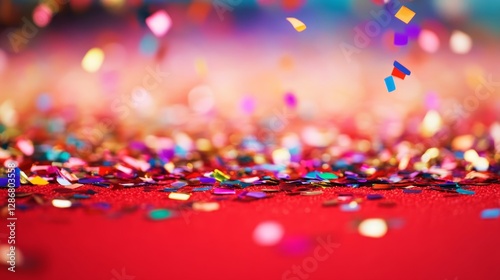 Festive red carpet adorned with colorful confetti, ideal for event photography and celebrations