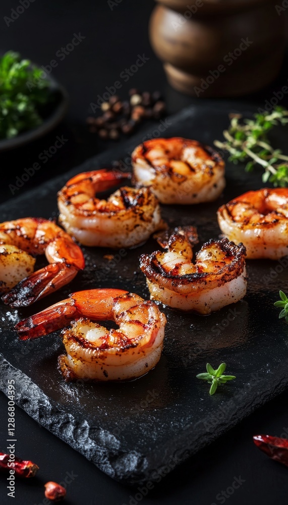 Succulent grilled shrimp on dark stone plate a flavorful starter adorned with spices and herbs Succulent grilled shrimp on dark stone plate a flavorful starter adorned with spices and herbs