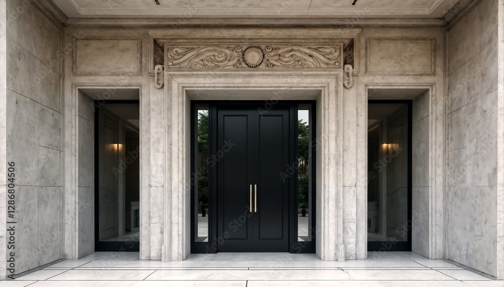 The front door of an old building is shown with a large black door and glass windows. The front door of an old building is shown with a large black door and glass windows.