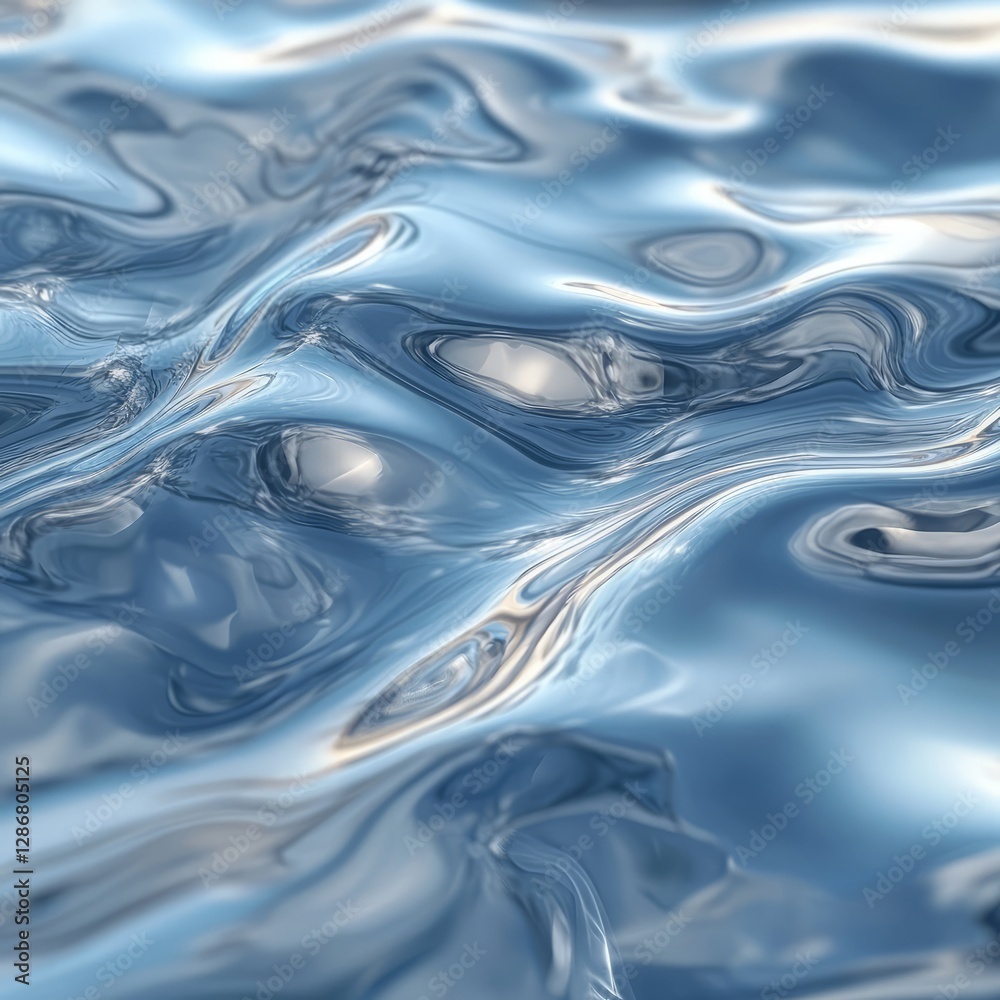 Abstract ripples create a calming, fluid surface. Flowing blues and silvers.