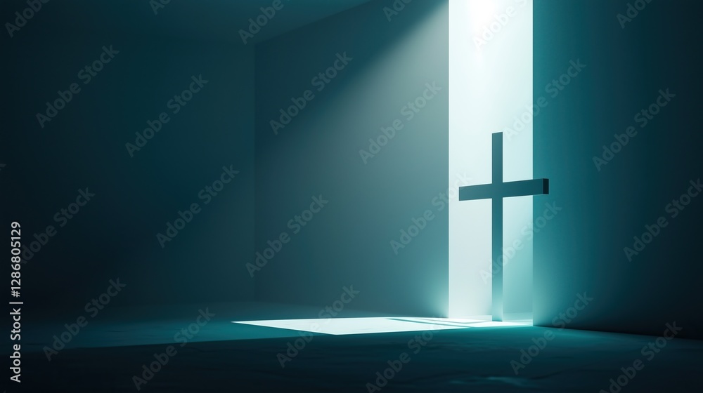 Naklejka premium Religious symbolism illuminated by light emanating through stark doorway in dimly lit space