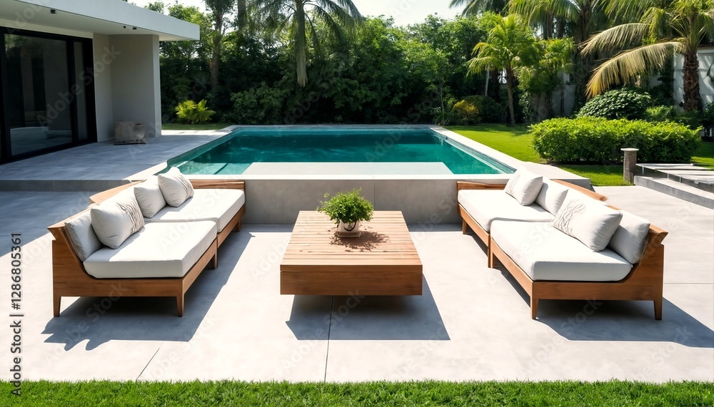 Fototapeta premium A serene outdoor space featuring a wooden couch and coffee table situated near an inground pool.