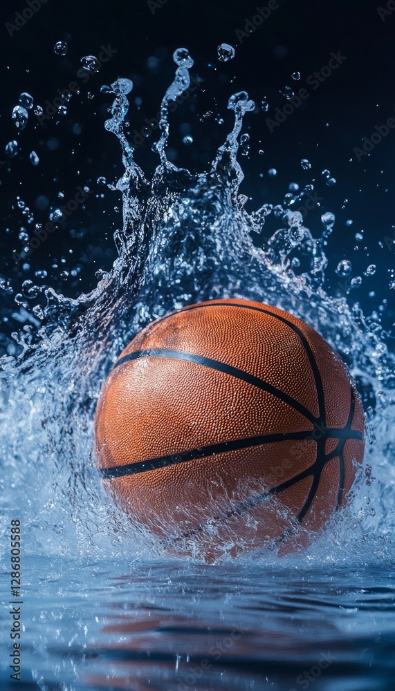 Dynamic basketball splashing into water capturing the energy and motion of sports interaction Dynamic basketball splashing into water capturing the energy and motion of sports interaction