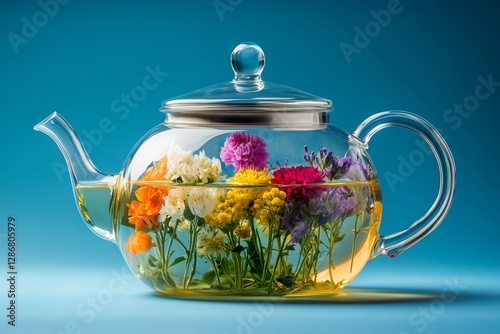 Glass teapot with blooming flowers infusing herbal tea on blue background photo