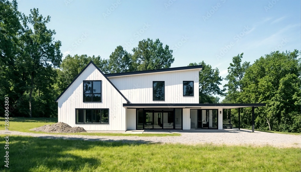 A modern white house with black trim and windows sits on a grassy field surrounded by trees. A modern white house with black trim and windows sits on a grassy field surrounded by trees.